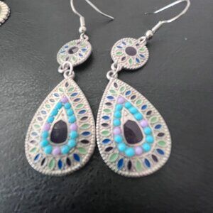 Bohemian Enamel Teardrop Earrings Purple Turquoise Blue Statement Gypsy Jewelry